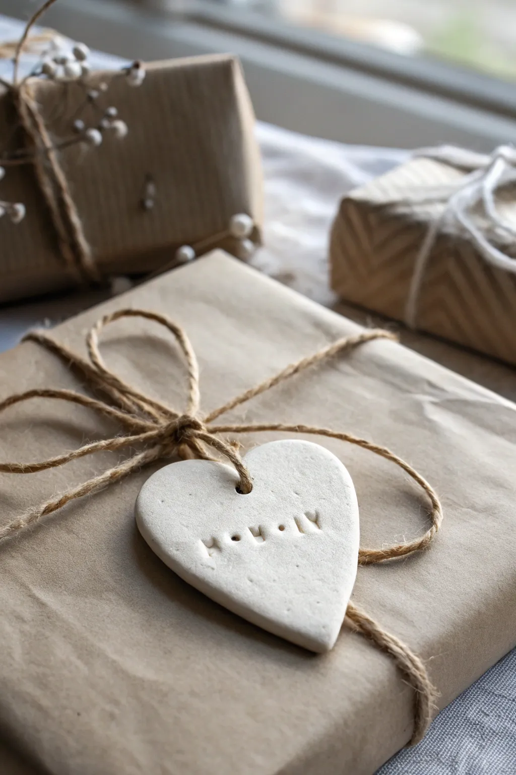 Mini heart clay tag with ribbon, a sweet minimalist Valentine detail for wrapped gifts
