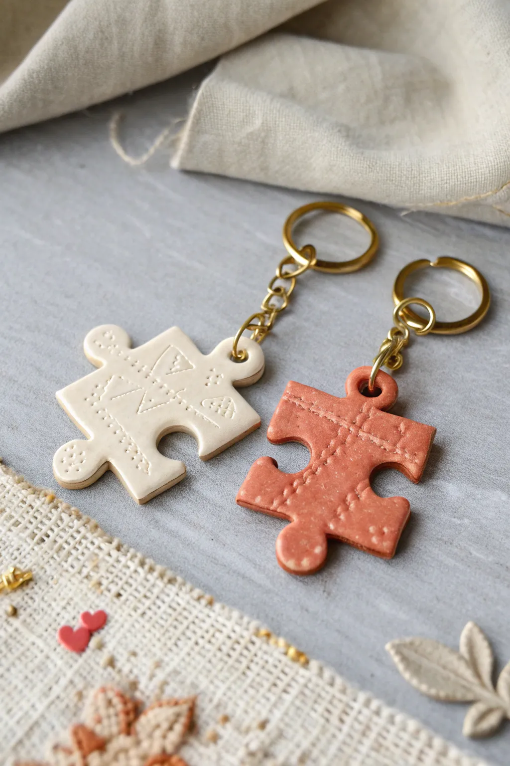 Sweet date night clay puzzle charms with a tiny heart detail, minimal and handcrafted.