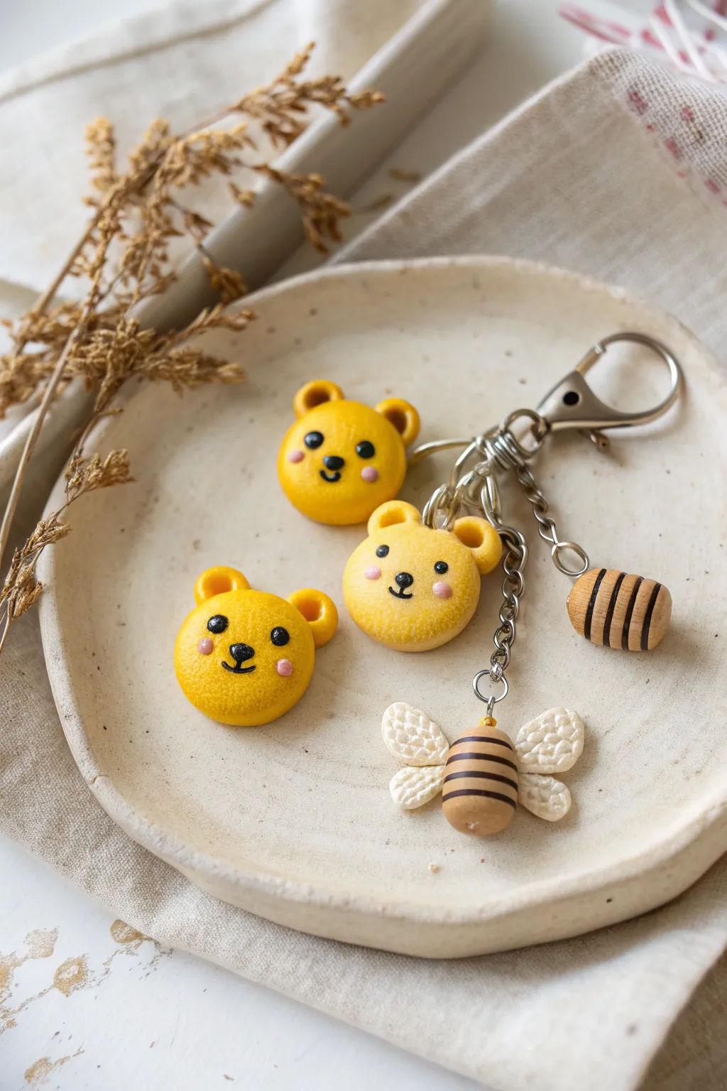 Cozy mini charm set: sunny bear faces, honey pot and tiny bee in minimalist boho styling