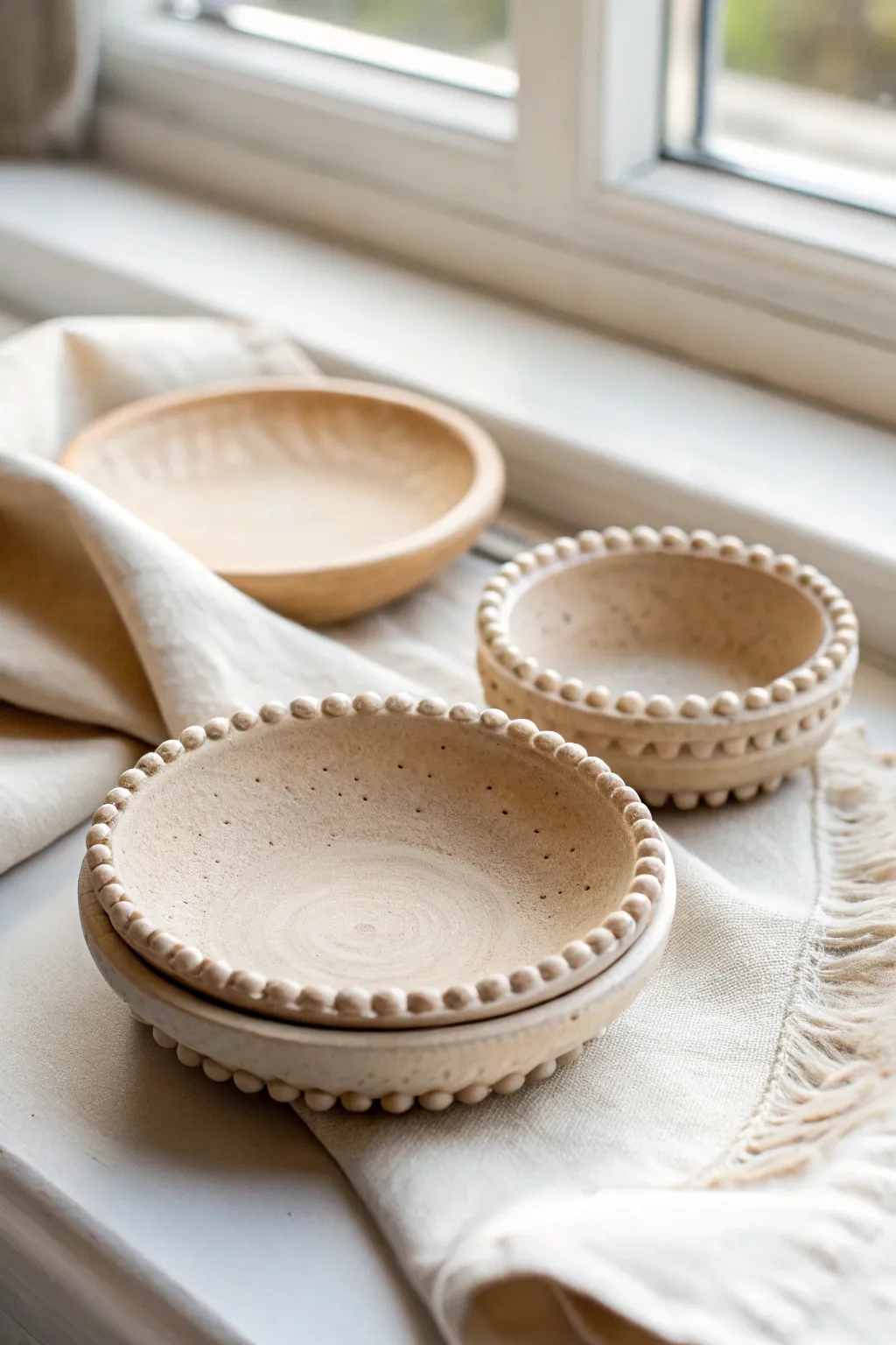 Beaded-rim mini air-dry clay dishes in soft Scandinavian light, clean, minimal, and boho.