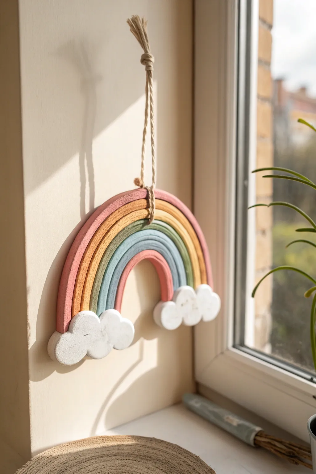 Bright air-dry clay rainbow with cloud ends, a cheerful minimalist decor piece for kids rooms.