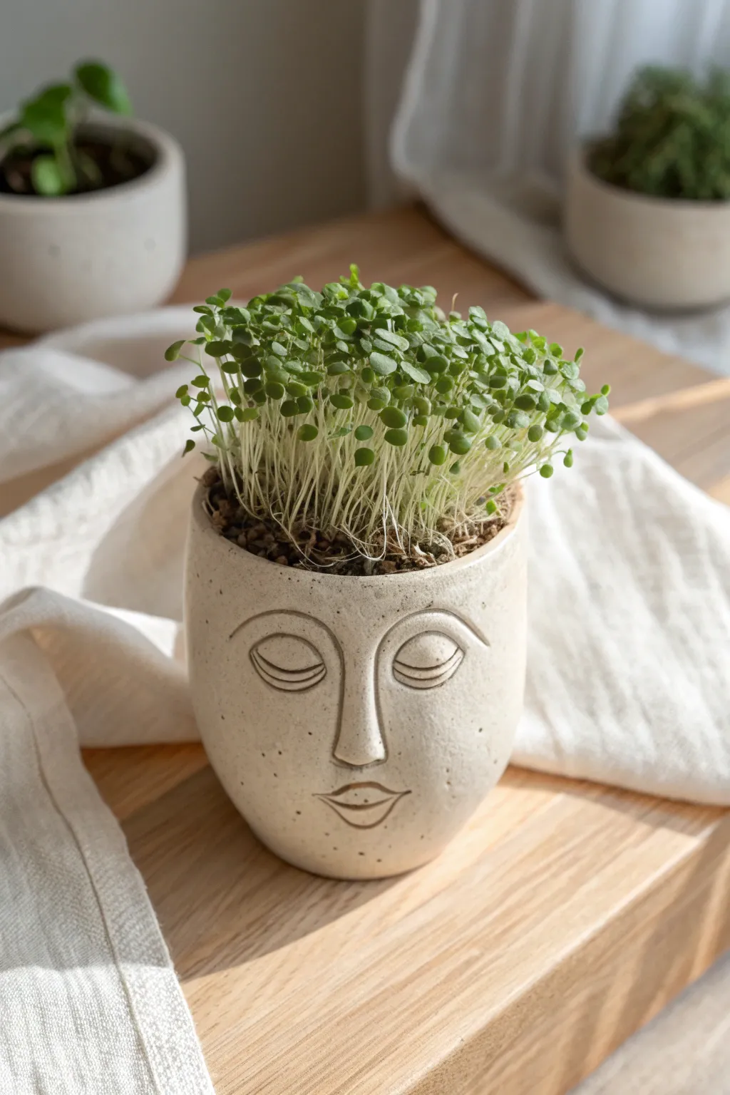 Minimal air-dry clay face planter with lush chia hair, a simple DIY for cozy boho decor.