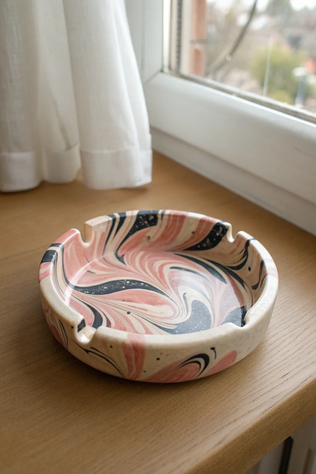 Marbled swirl polymer clay ashtray, glossy finish and crisp notches for minimalist chic.