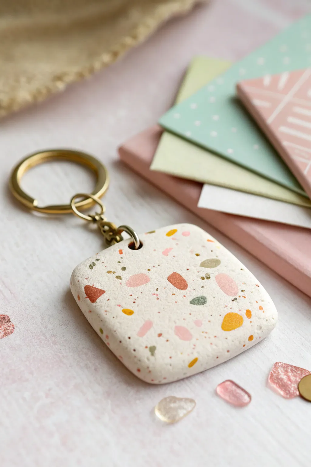 Terrazzo speckle clay keychain charm in dreamy pastels, minimalist and beautifully handmade.