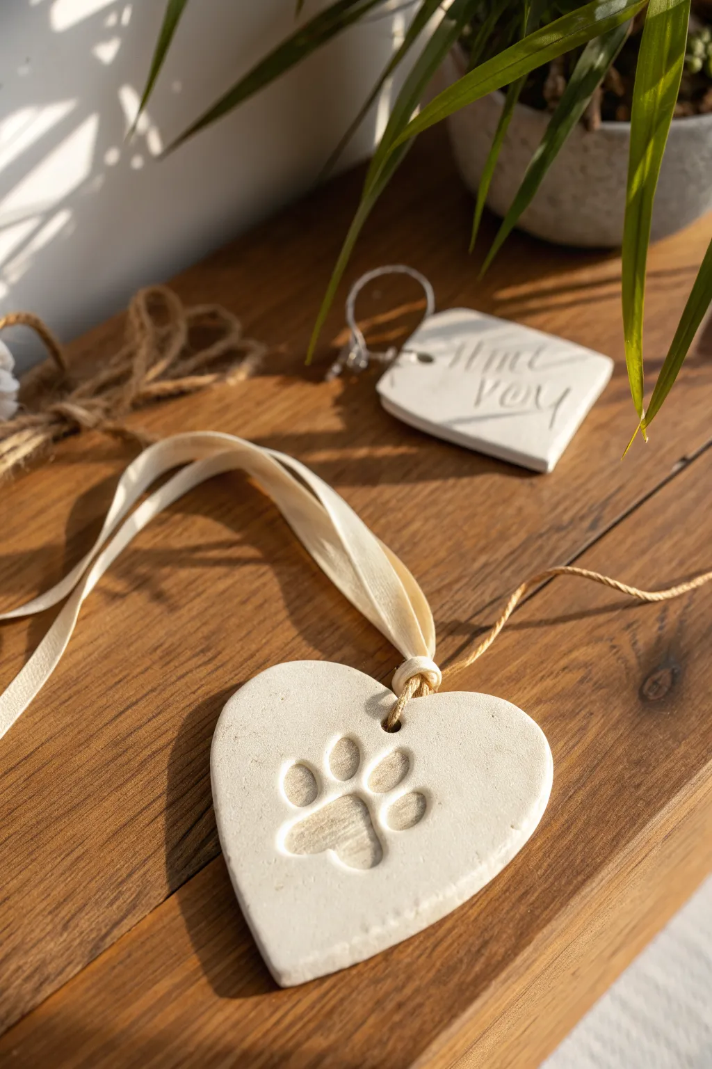 Sweet paw print heart ornament in minimalist clay, ready to hang and cherish forever
