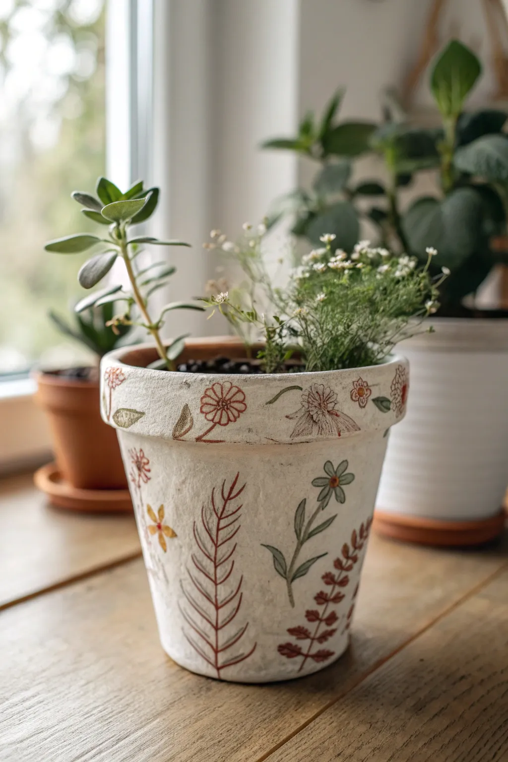 Botanical decoupage clay pot with soft satin finish, a minimalist boho touch for plant lovers.