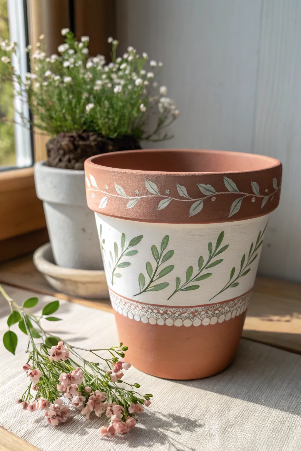 Simple vine-and-sprig painted clay pot for a soft, garden-inspired minimalist look