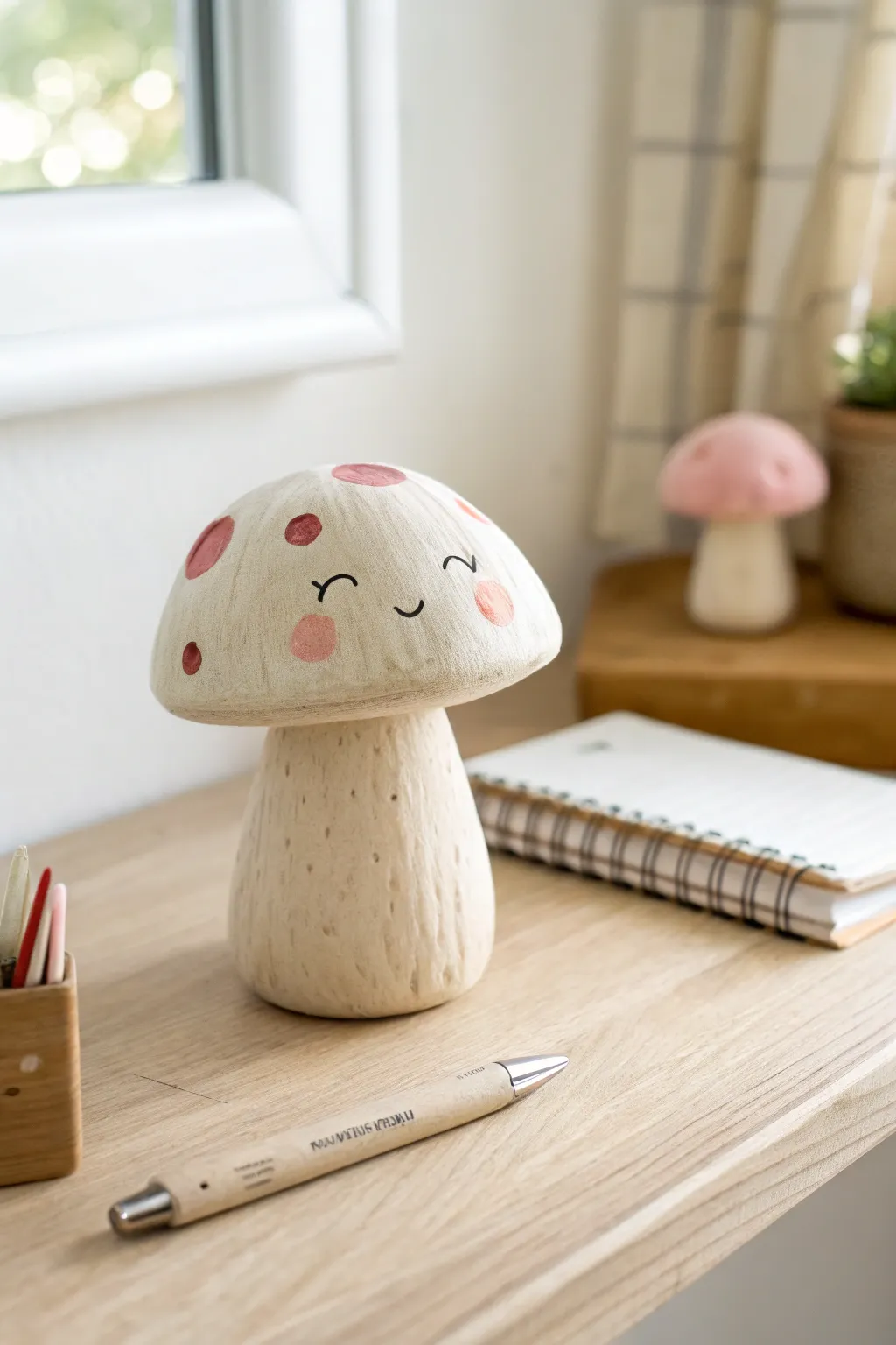 Blushing clay mushroom desk buddy brings cozy, minimalist charm to your workspace.