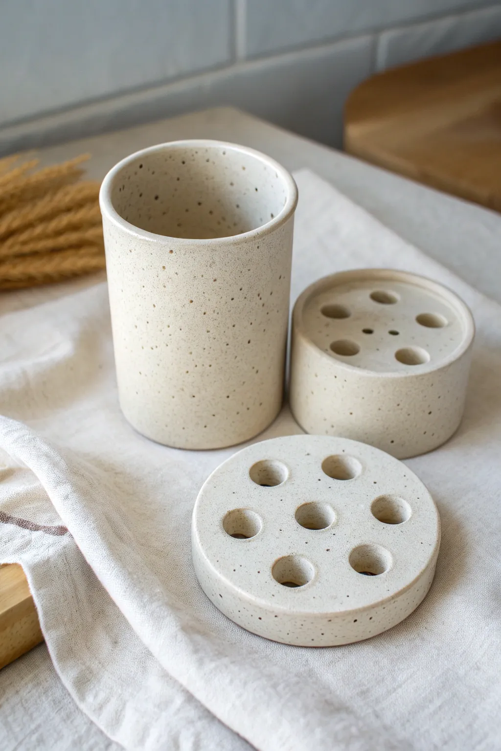 Minimal two-piece ceramic toothbrush holder with removable perforated insert, clean and elegant.