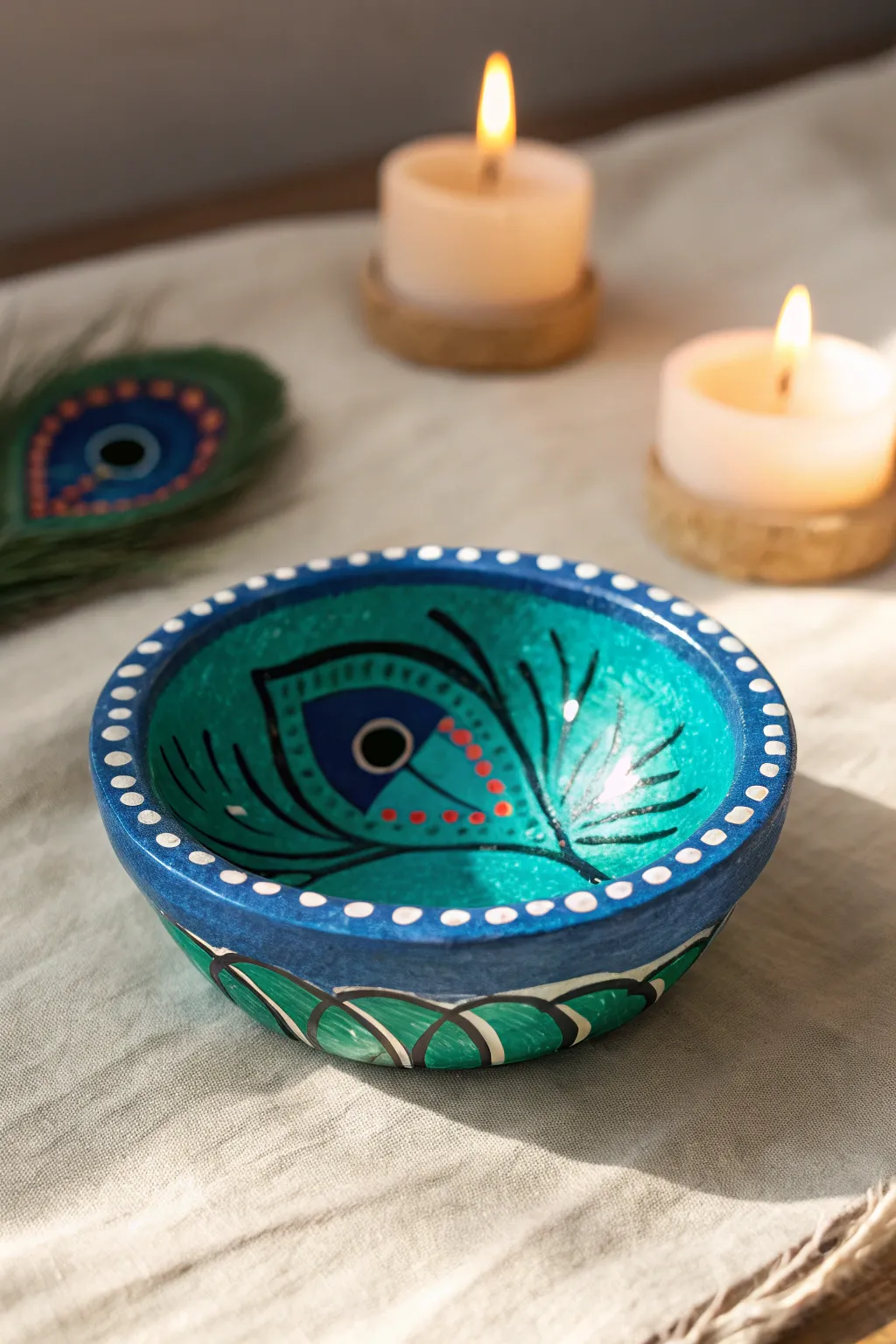 Peacock feather inspired diya in teal and emerald, minimalist boho decor for a glowing festive nook.