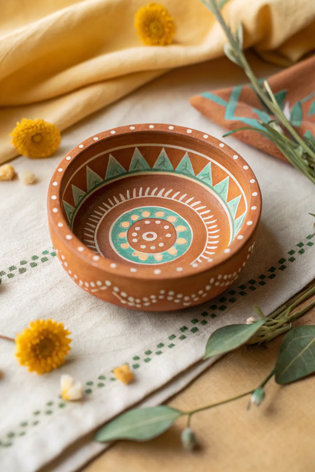 Rangoli-inspired concentric rings and triangle details for a simple, elegant diya finish