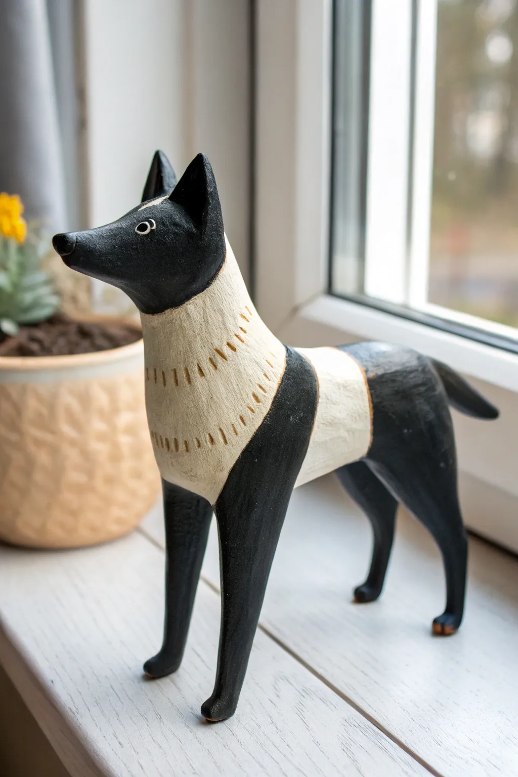 Two-tone herding dog clay figurine with bold color blocks and a softly textured fluffy chest.
