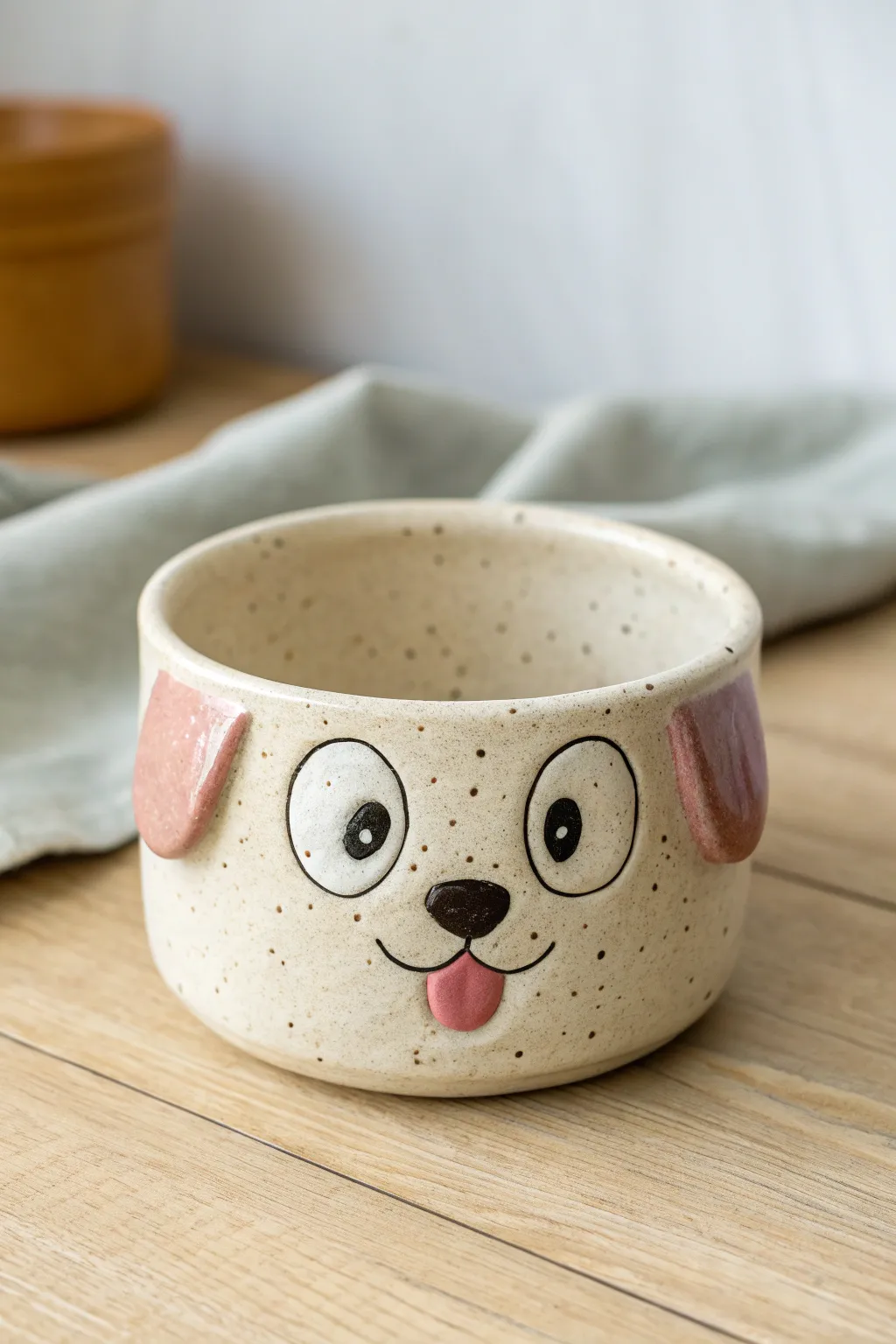 A silly tongue-out dog pinch pot with wide eyes and handmade charm, simple and cute.