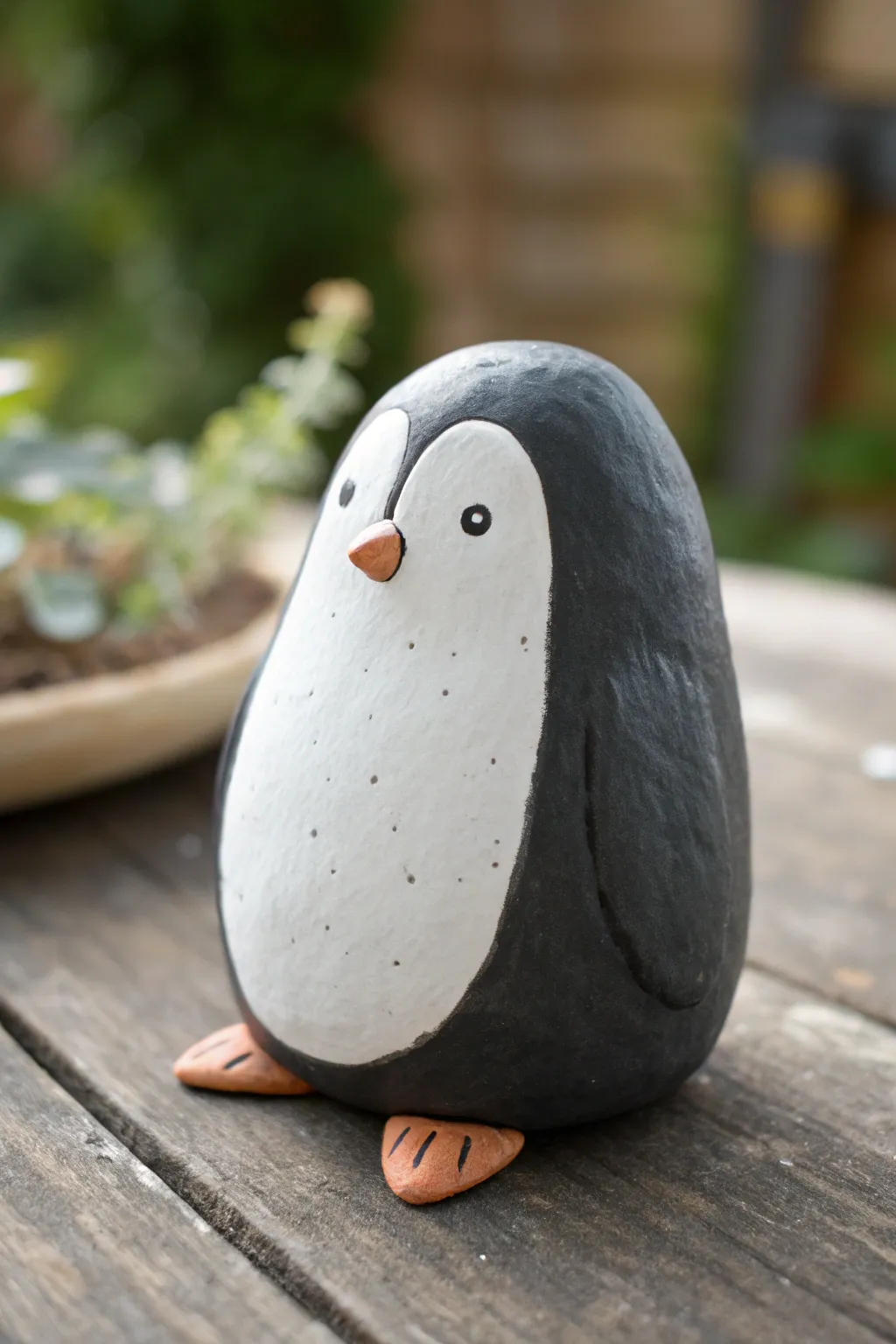 Minimal double pinch pot penguin with painted white belly and tiny flippers in soft natural light
