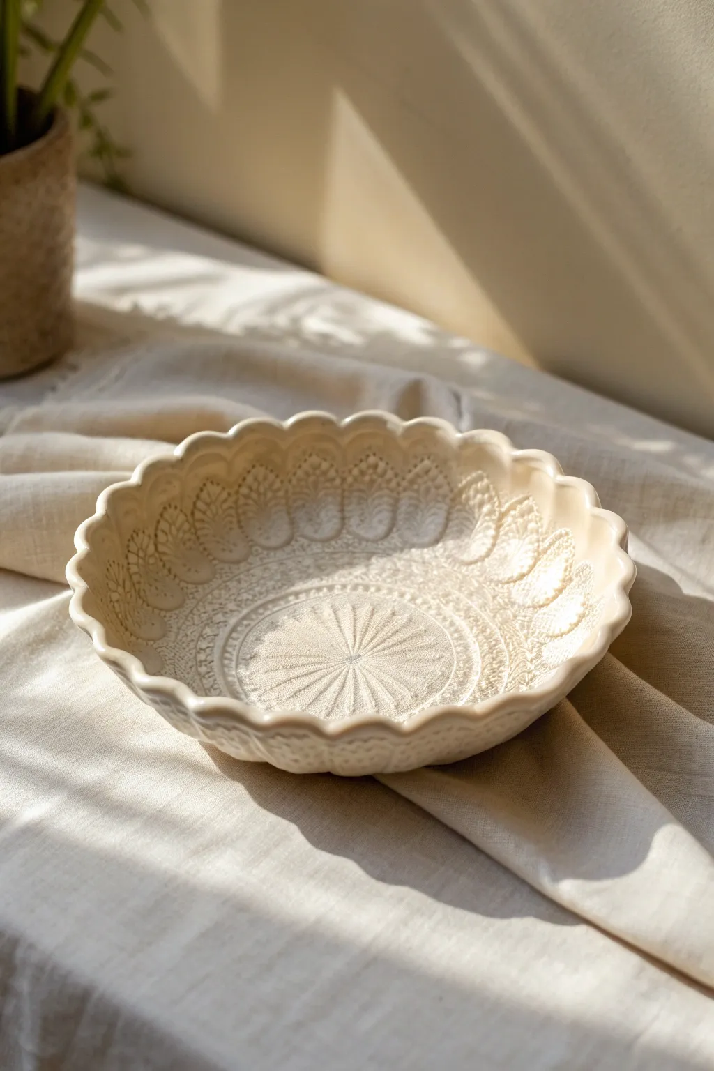 Soft matte ivory drape dish with lace-like texture, minimalist Scandinavian styling with boho warmth