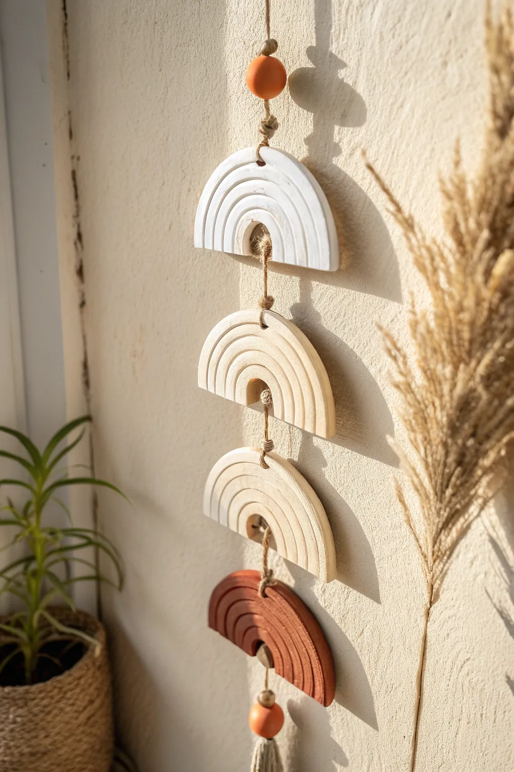 Minimal air-dry clay wall hanging in neutral tones with a muted terracotta accent