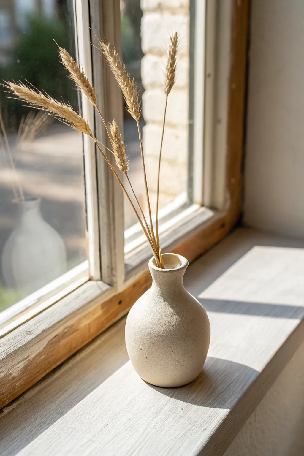 Minimal air-dry clay bud vase on a sunny sill, styled with a single dried stem
