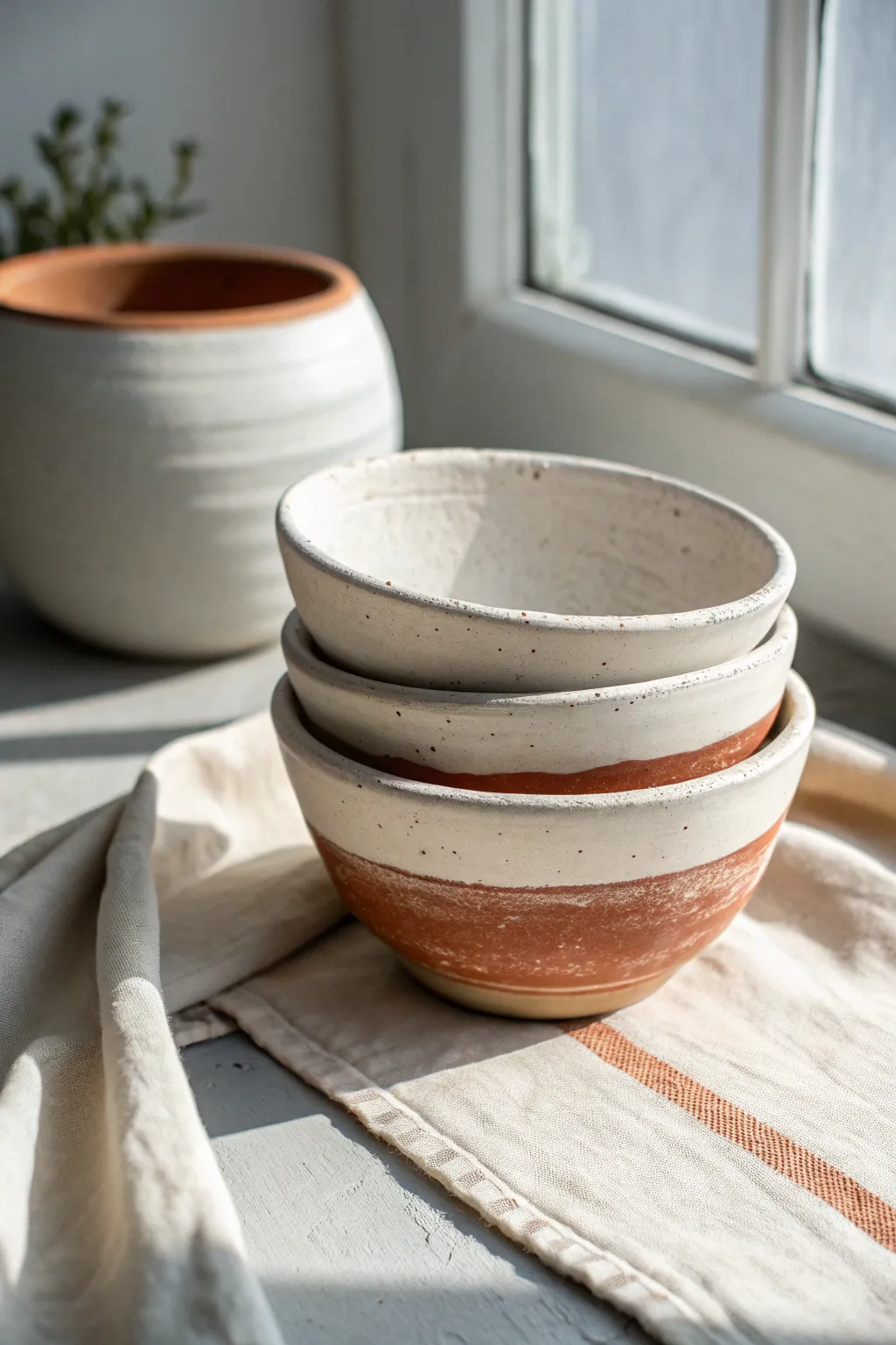 Nested air-dry clay pinch-pot bowls with a simple dipped base, perfect for beginner decor.