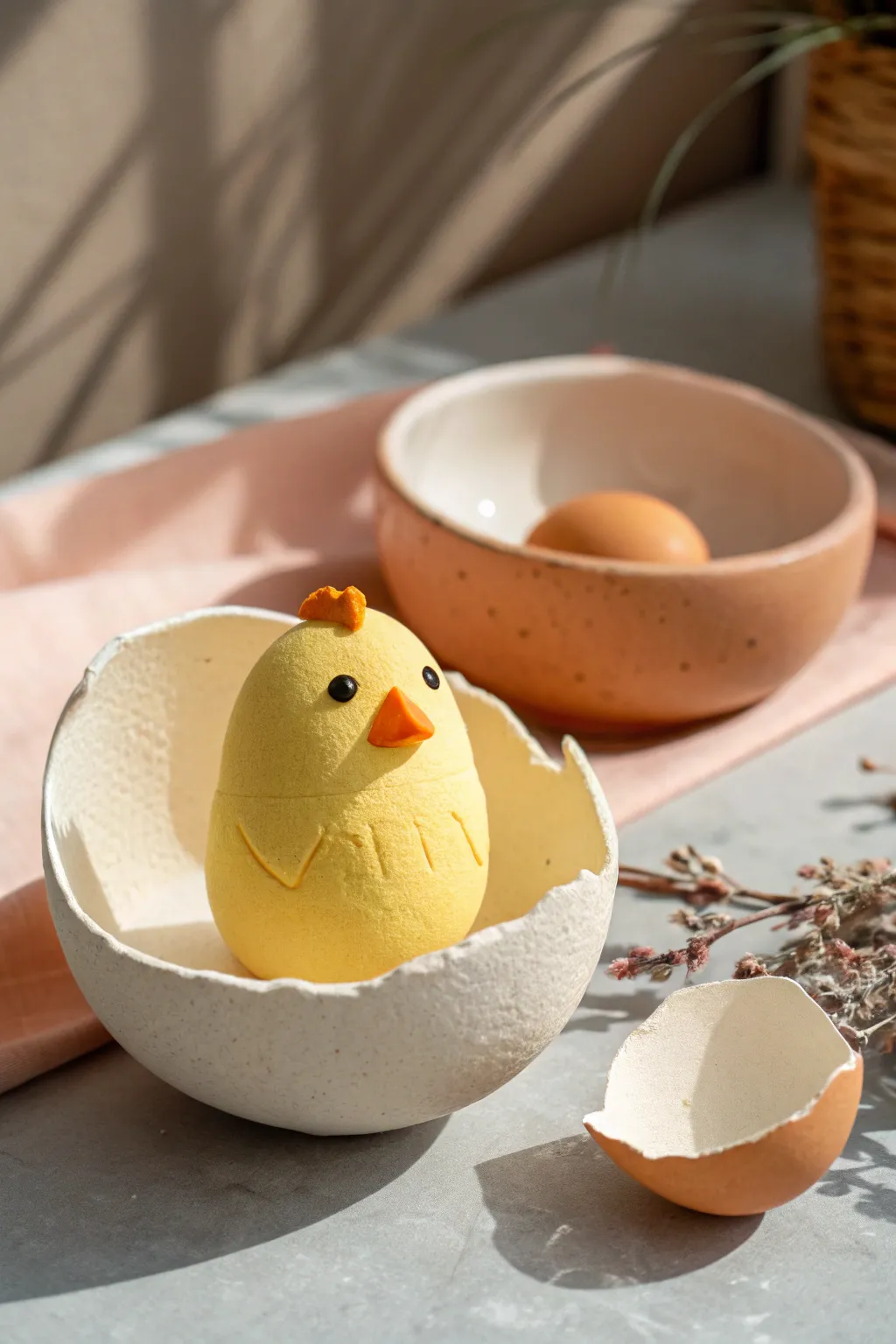 Sunny clay chick peeking from a cracked eggshell, a simple Easter piece in soft pastels.