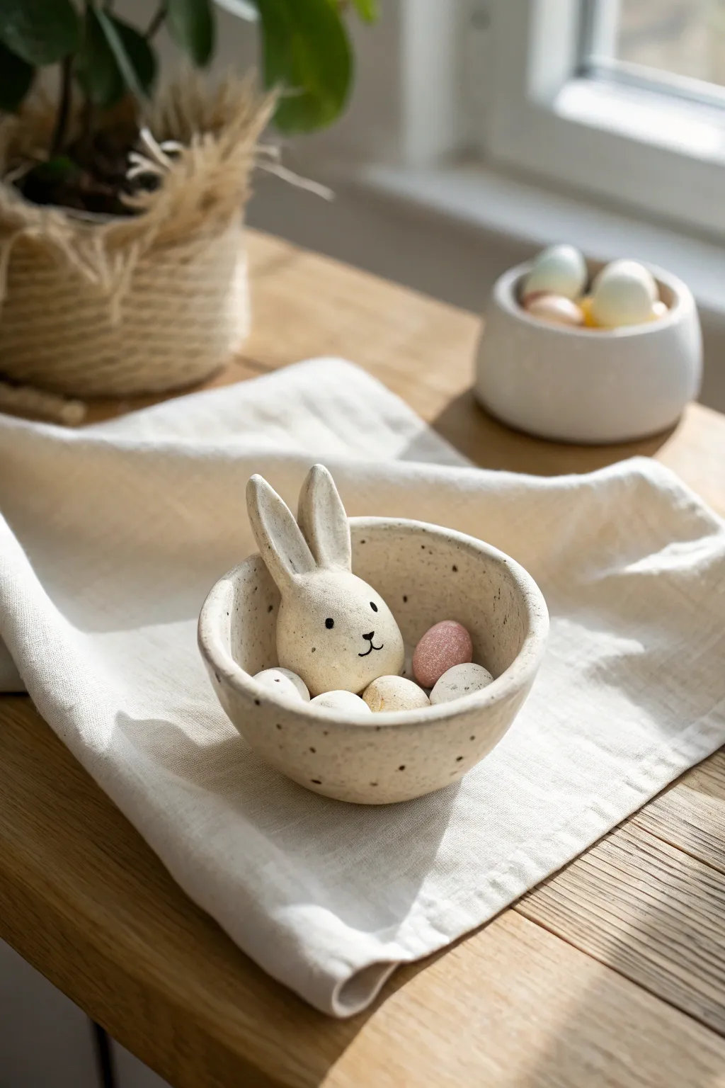 Pinch pot bunny candy bowl for Easter, a sweet kid friendly clay project in pastel tones
