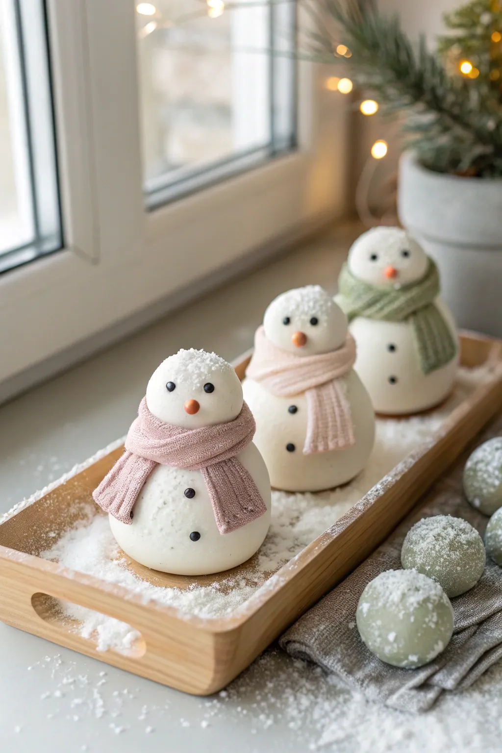 Chubby air-dry clay snowmen with tiny scarves, styled on a snowy tray for cozy decor.