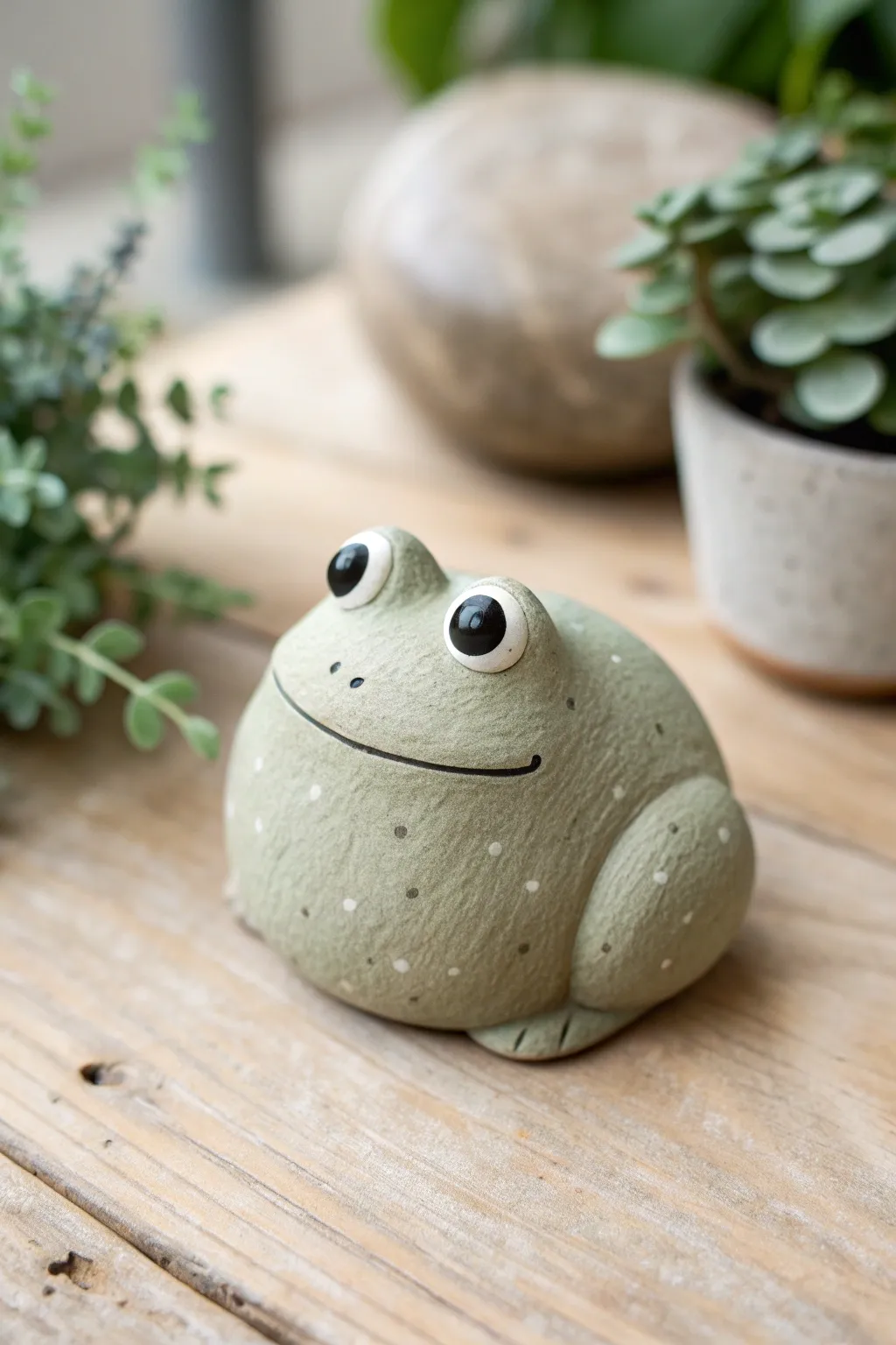 Big-eyed frog pebble buddy in air-dry clay, a sweet minimalist desk companion with cozy charm