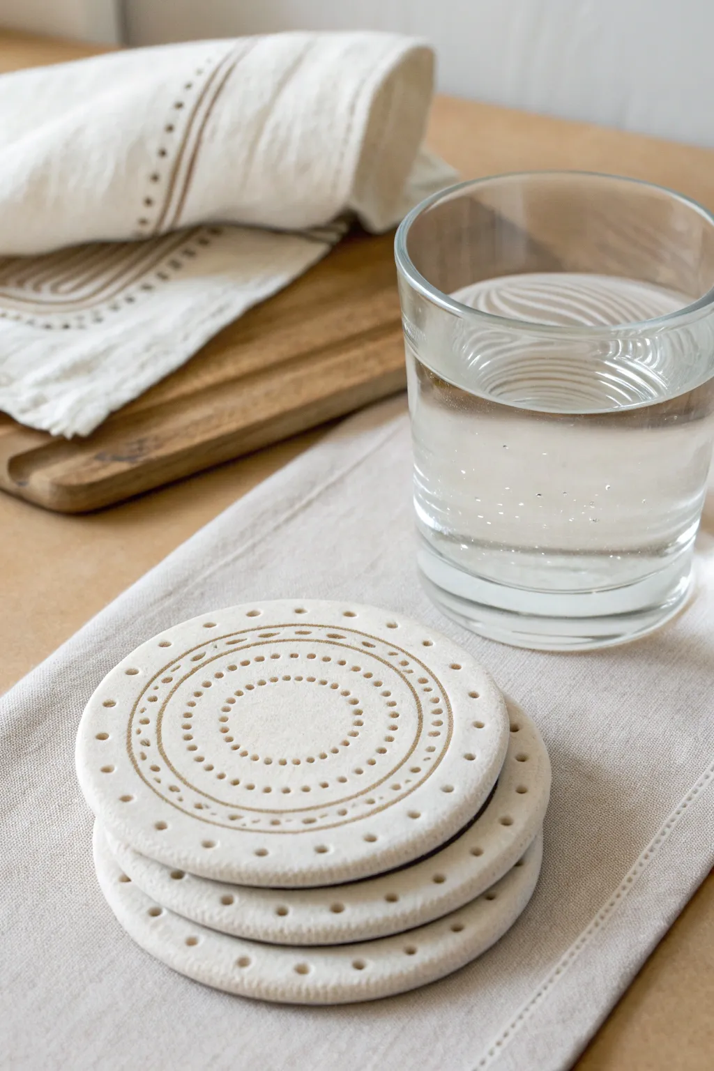 Beginner-friendly stamped air dry clay coasters styled in a calm Scandinavian boho setting