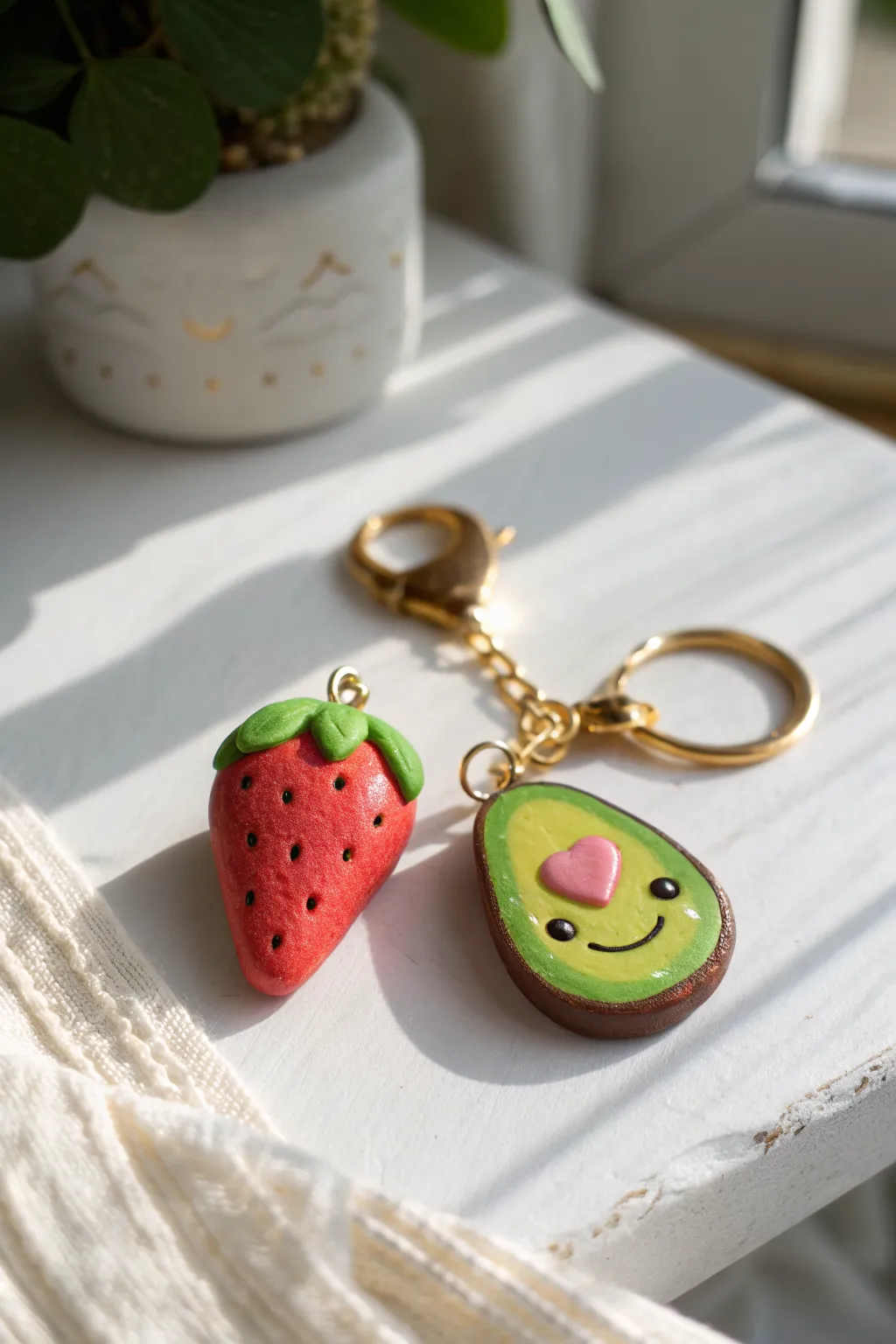 Cute strawberry and avocado bake-clay charms on a minimalist white table, bright and cheerful.
