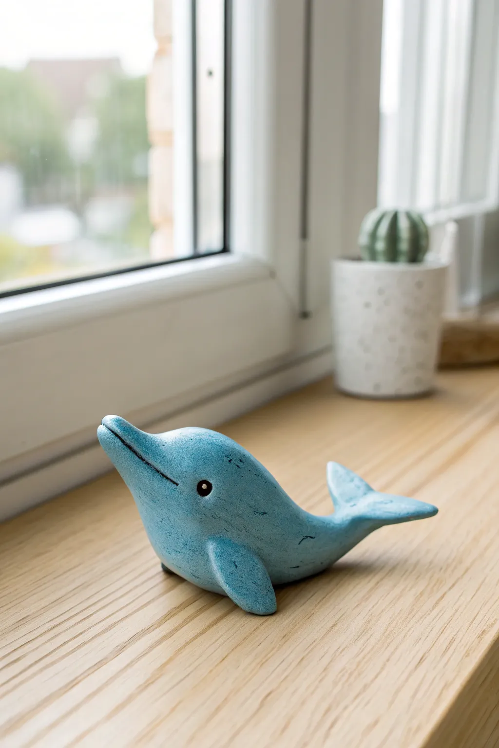 Minimal blue clay dolphin desk buddy, simple curves and tiny fins for an easy, calming DIY.