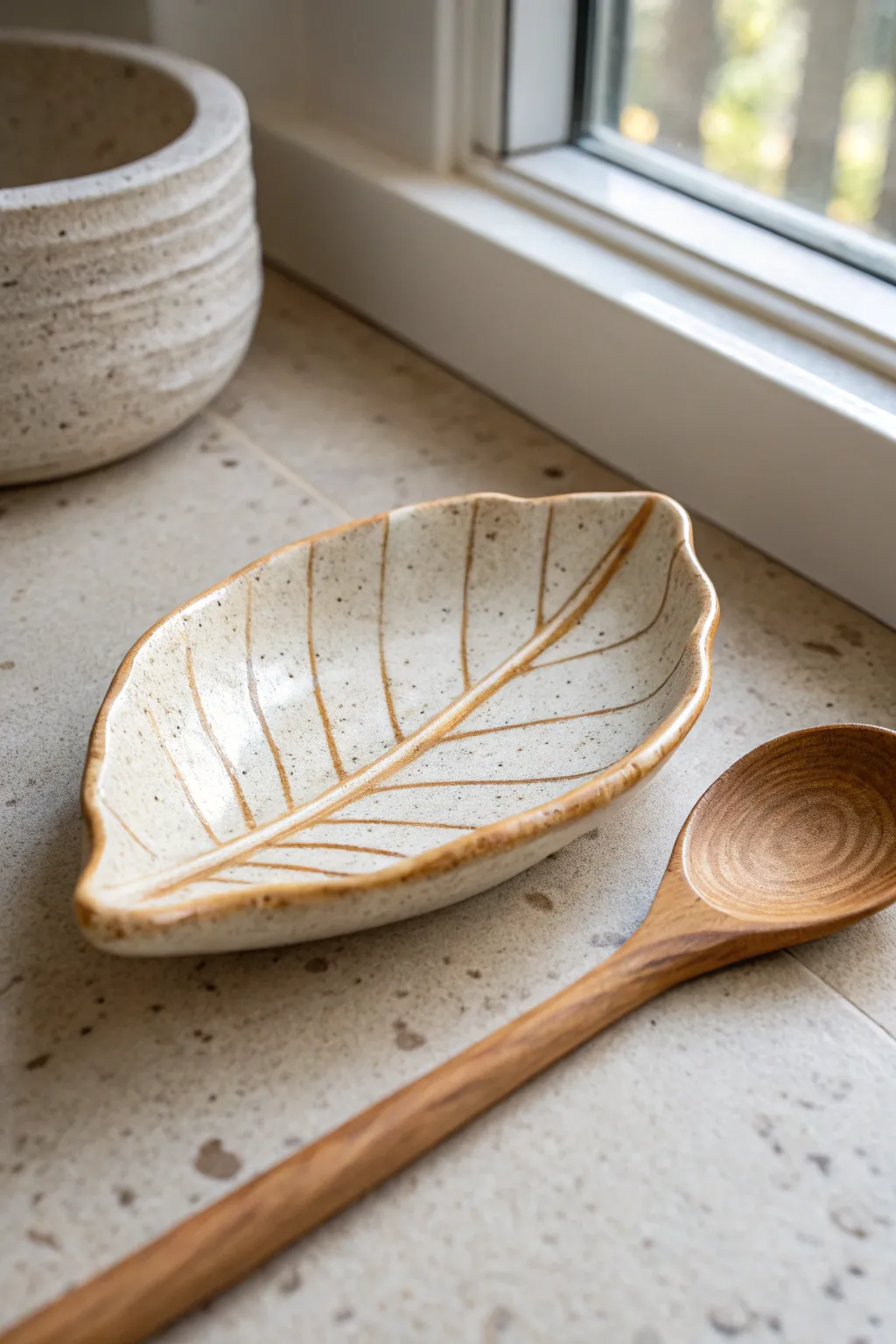 Leaf shaped ceramic spoon rest with soft speckles, simple wood spoon, calm minimal kitchen vibe.
