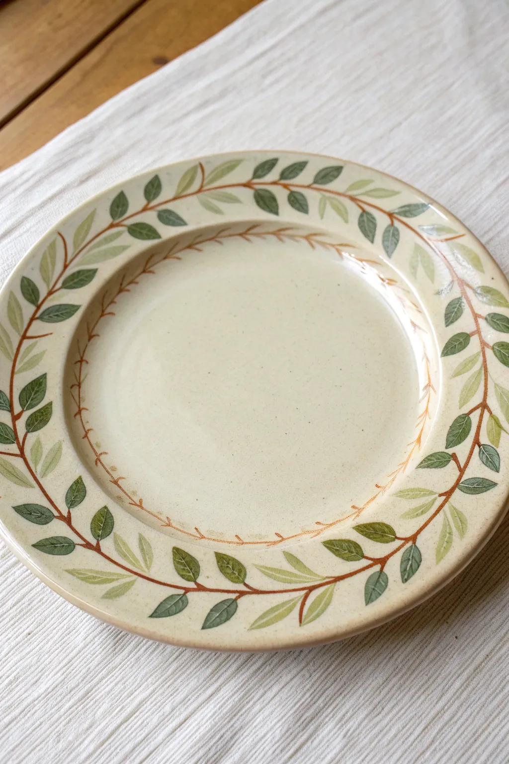 Simple leafy vine rim in sage and terracotta on a matte ivory plate, minimal and handmade.