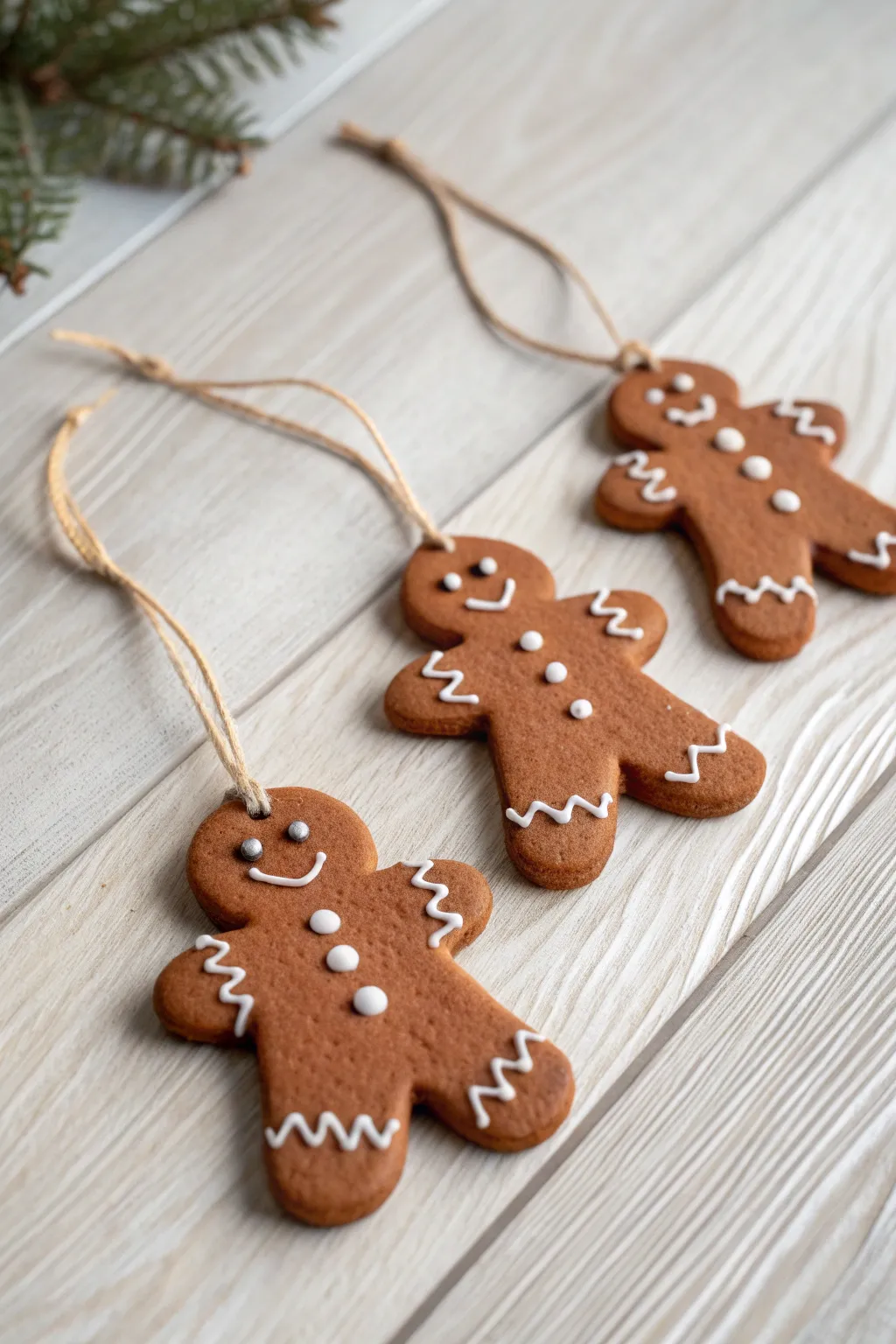 Simple gingerbread man clay ornaments with raised icing lines, cozy and minimalist for Christmas