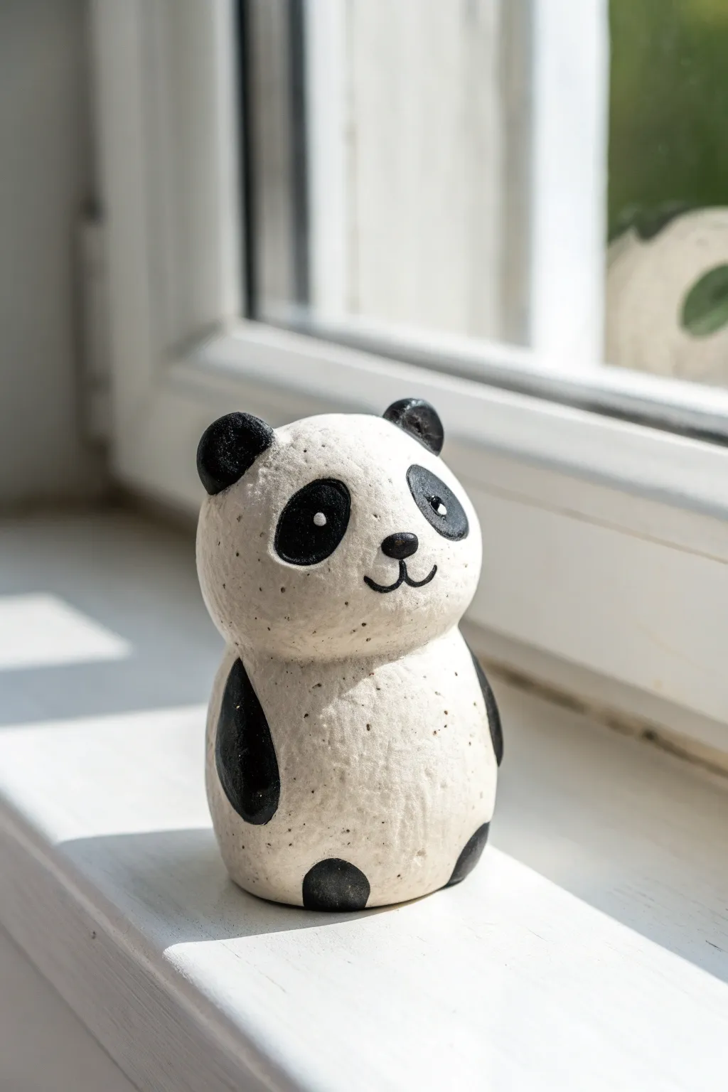 Easy two-tone clay panda: minimal black patches on a bright background for crisp contrast