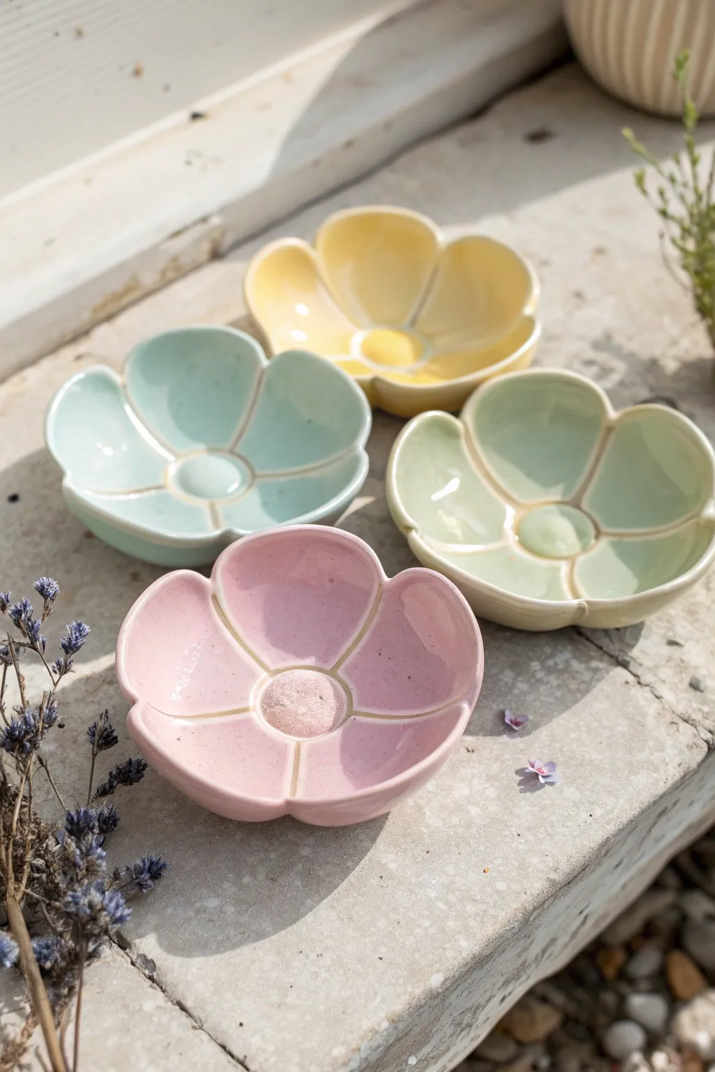 Pastel flower petal rim ashtray with glossy finish and gentle notches for cigarette rests