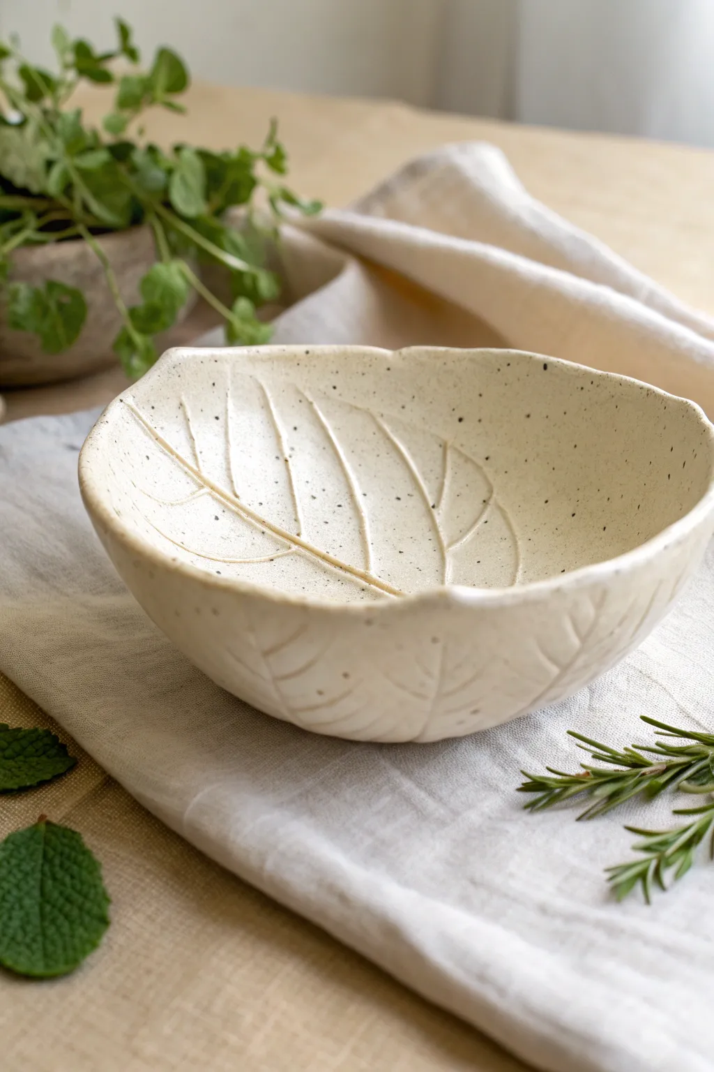 Minimal leaf-imprint clay bowl with crisp veins, styled simply on a soft neutral surface.