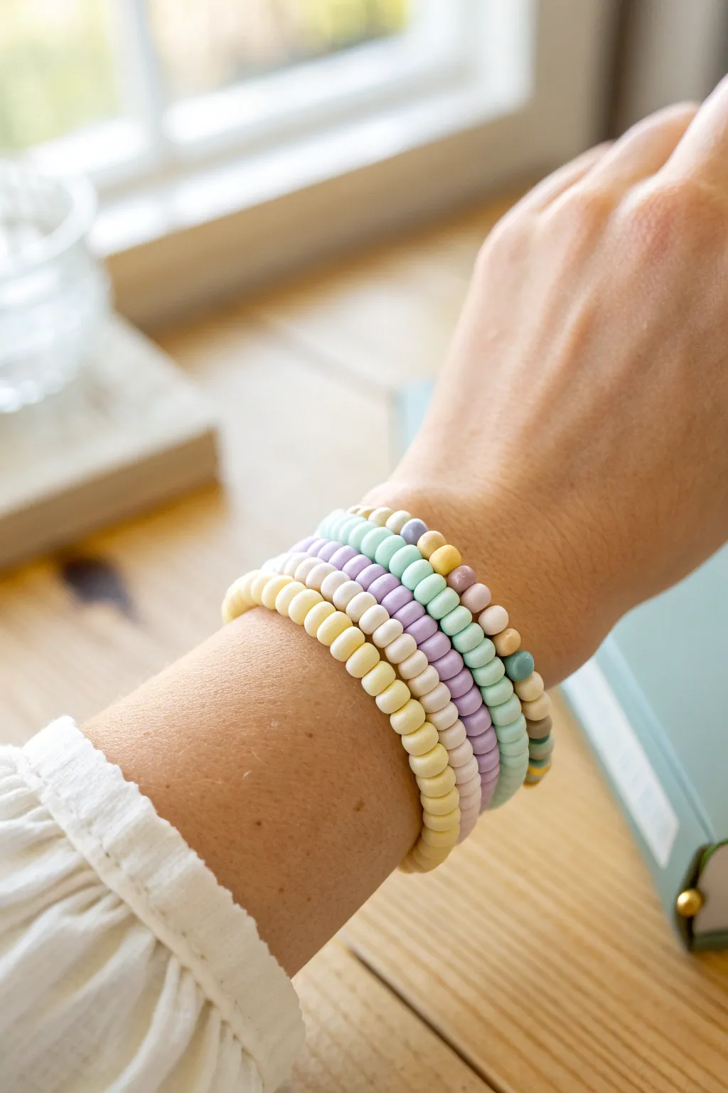 Pastel heishi clay bracelet in a preppy mix, stacked for an easy DIY set at home.