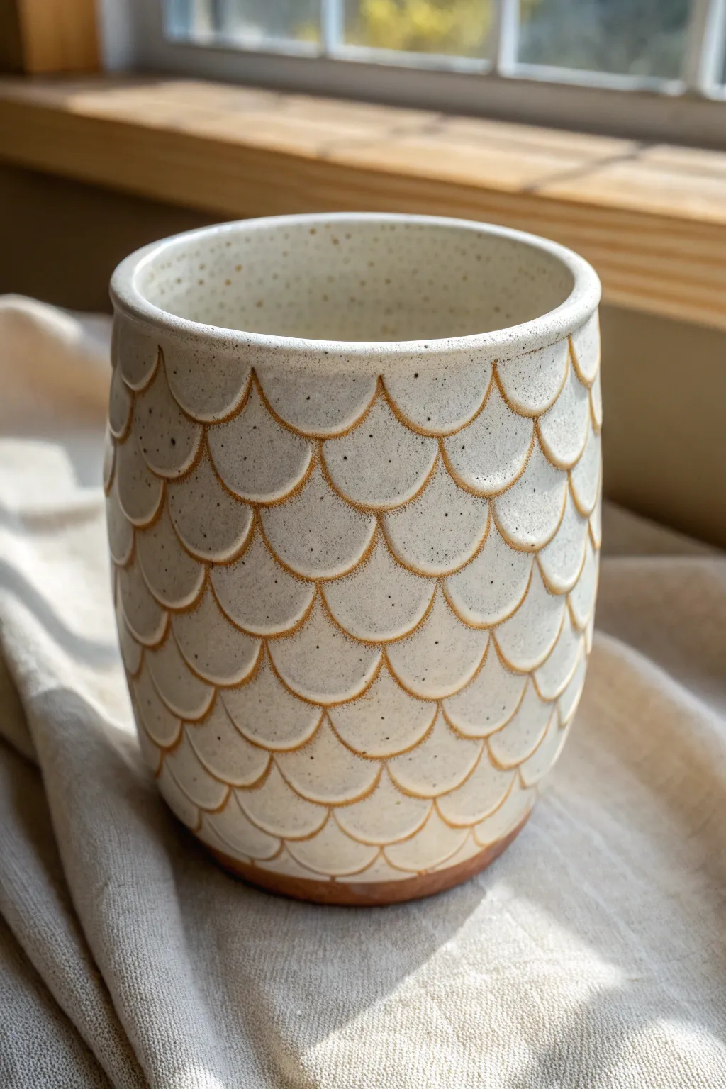 Beginner-friendly scallop rows turn a simple tumbler into elegant fish-scale texture.