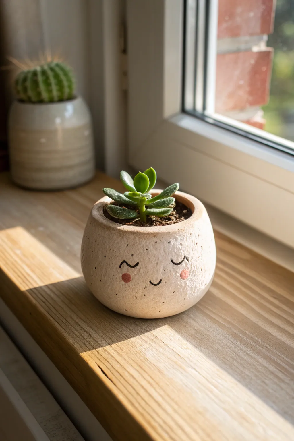 Sweet pinch-pot mini planter with rosy cheeks, glowing in soft window light