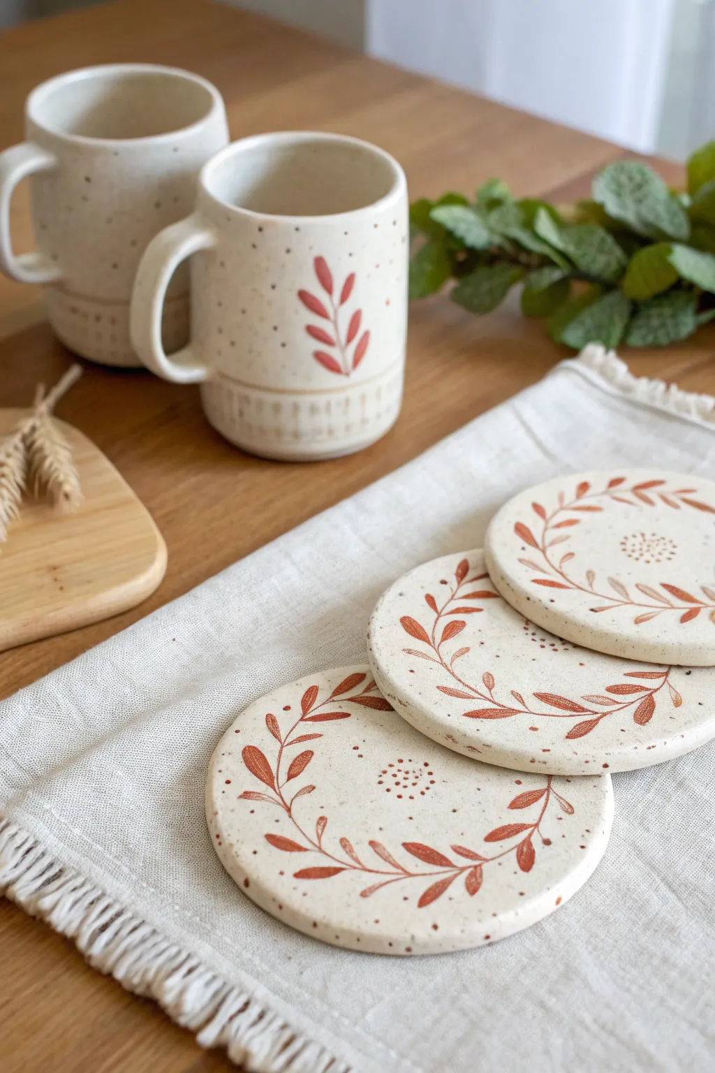 Stamp-textured clay coasters for two, charmingly imperfect and ideal for an easy date night.