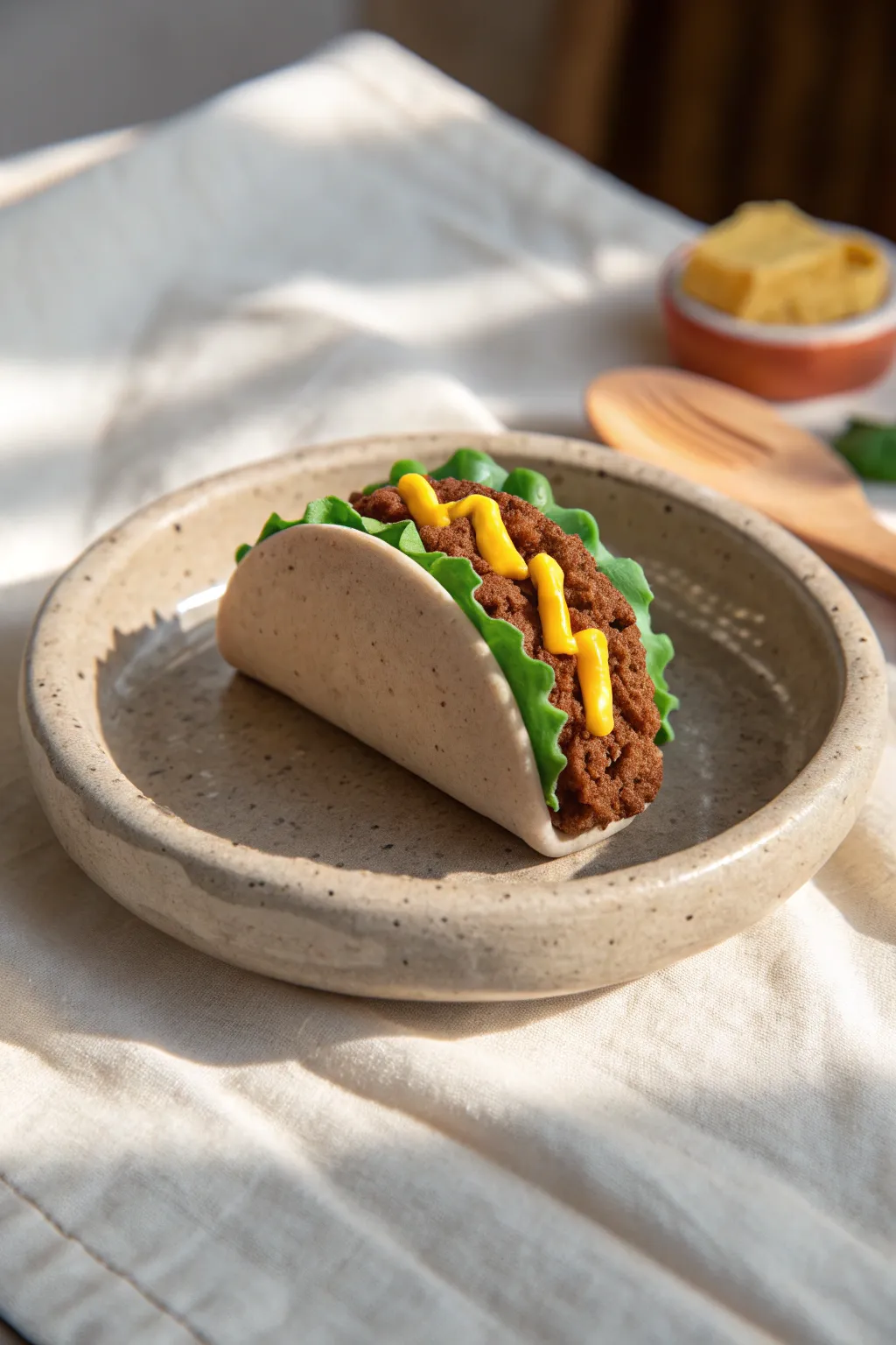 Mini clay taco with neat layered fillings, minimalist and boho, perfect easy clay food idea.
