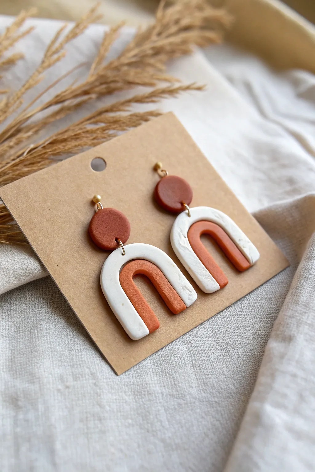 Flat cutout polymer clay earrings in clean arches, matte color blocking, perfect easy clay idea.