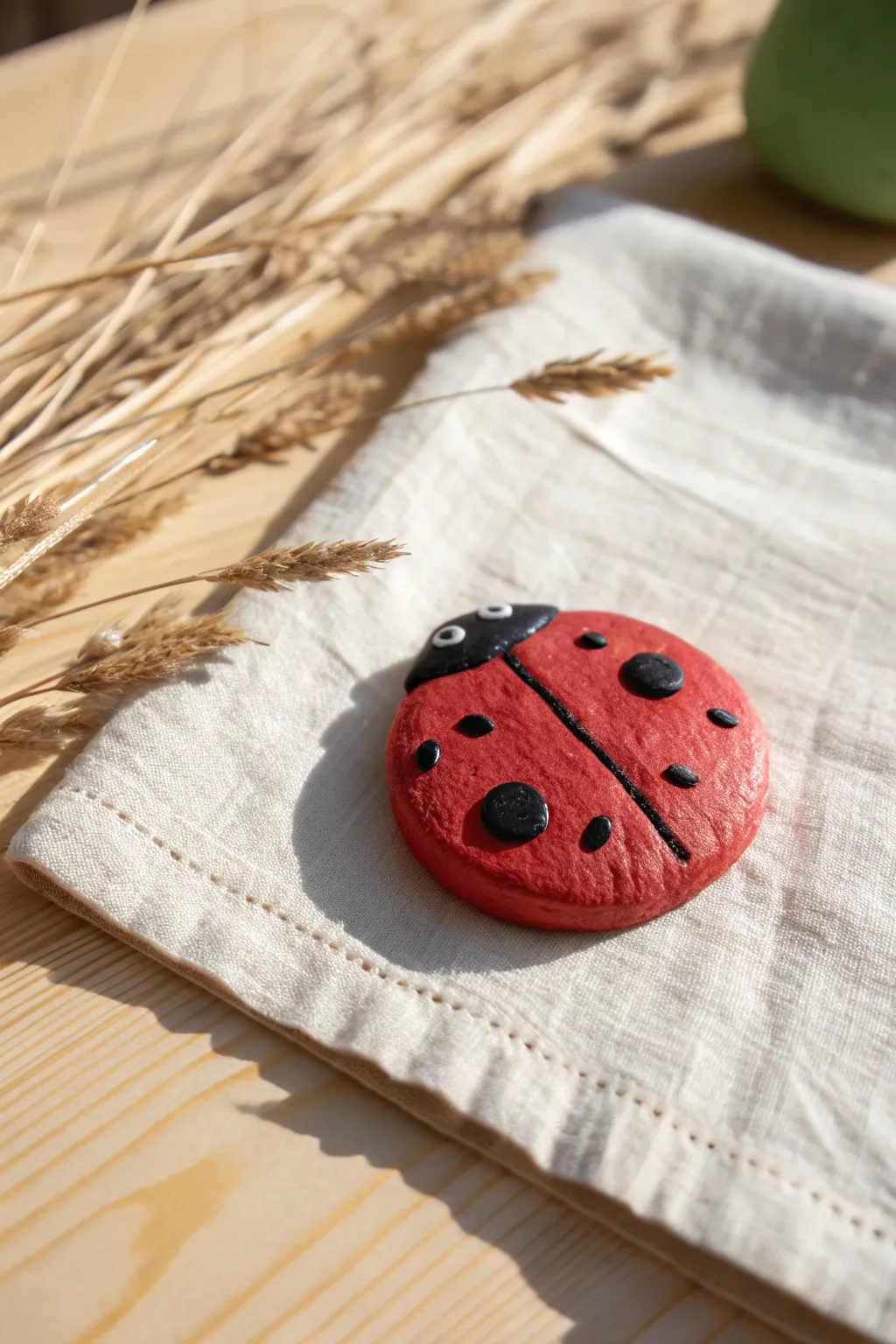 Simple ladybug clay disc for preschoolers, bright red on linen, cute and minimalist