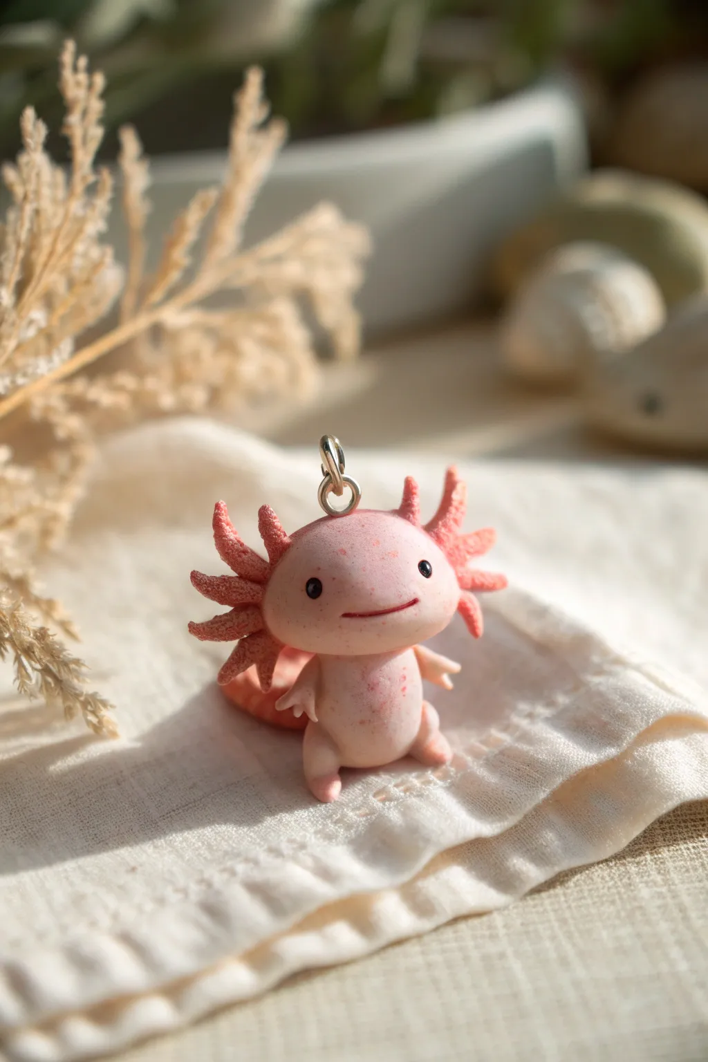 Beginner-friendly axolotl blob charm in soft clay, minimalist close-up with cozy neutral tones