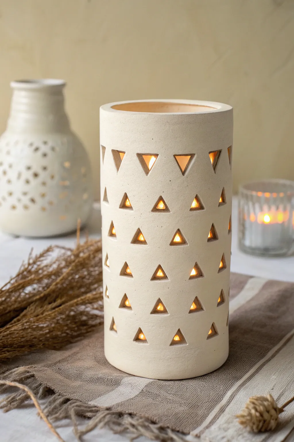 Minimal clay lantern with triangle cutouts, glowing warmly and casting crisp geometric shadows.