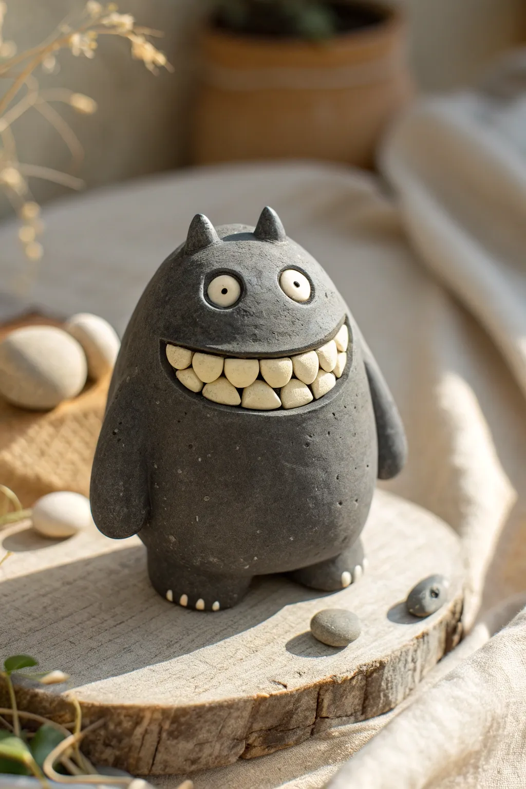Cute toothy grin clay monster with pebble teeth, minimalist boho look, beginner friendly.