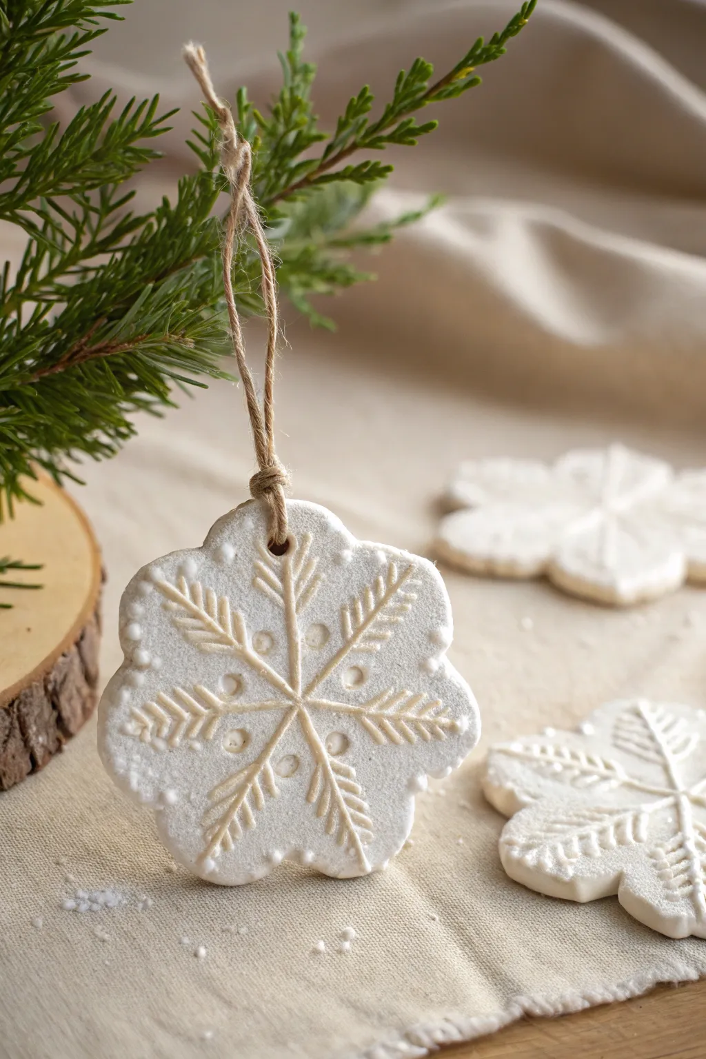 Lace-textured clay snowflake ornament, softly whitewashed, hanging on evergreen for winter charm.