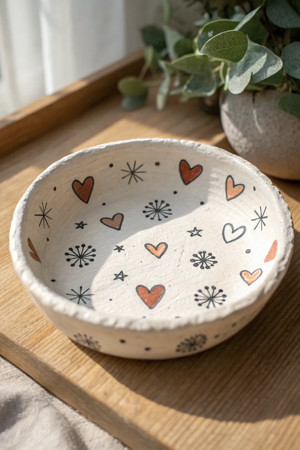 Minimal clay trinket dish with tiny heart and star doodles in two soft, playful colors.