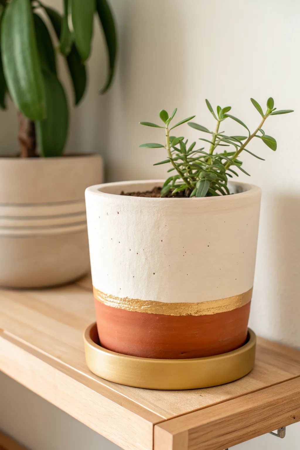 DIY-ready color-dipped clay pot with a sleek metallic band for a calm, modern shelf vibe.