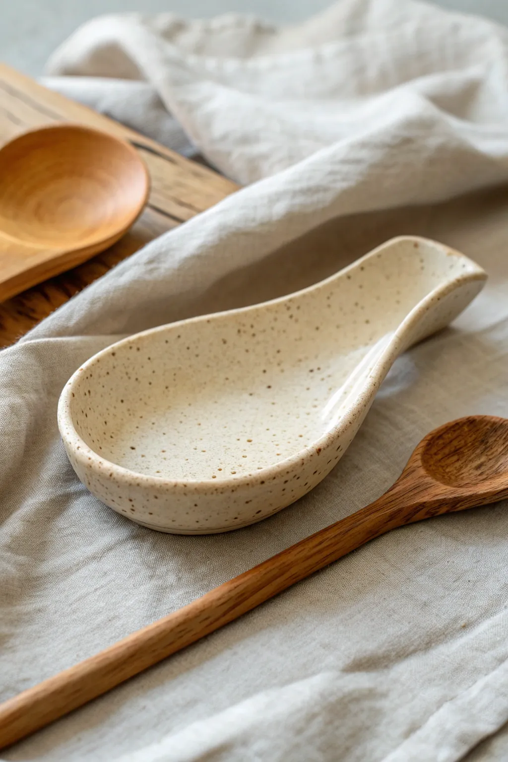 Minimal clay spoon rest with thumb indent and handle notch, styled with a wooden spoon