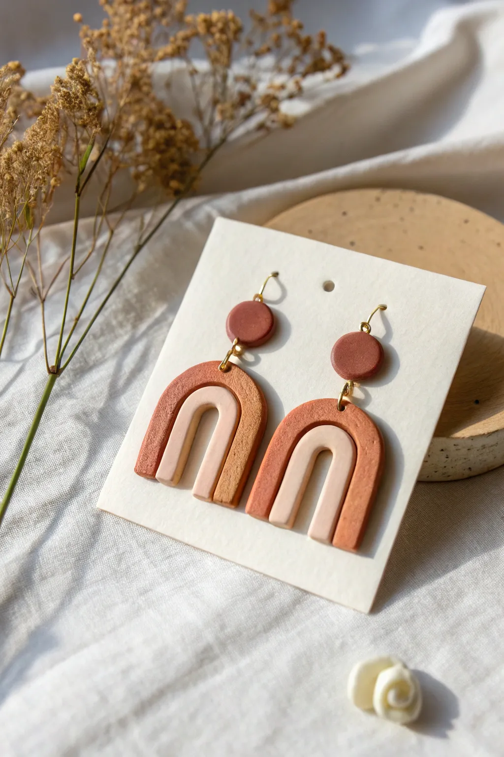 Bold flat-back clay arch earrings in playful tones, styled simply for an easy beginner win.